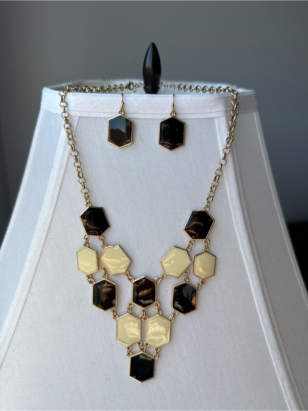 Hexagon Black & Cream Statement Necklace and Earring Set